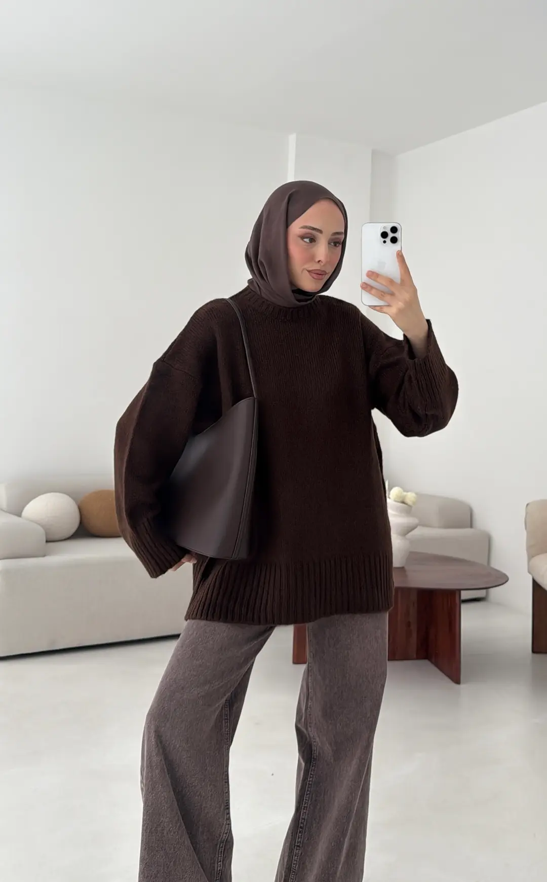 Çift Kat Triko Kazak Kahve - Görsel 2