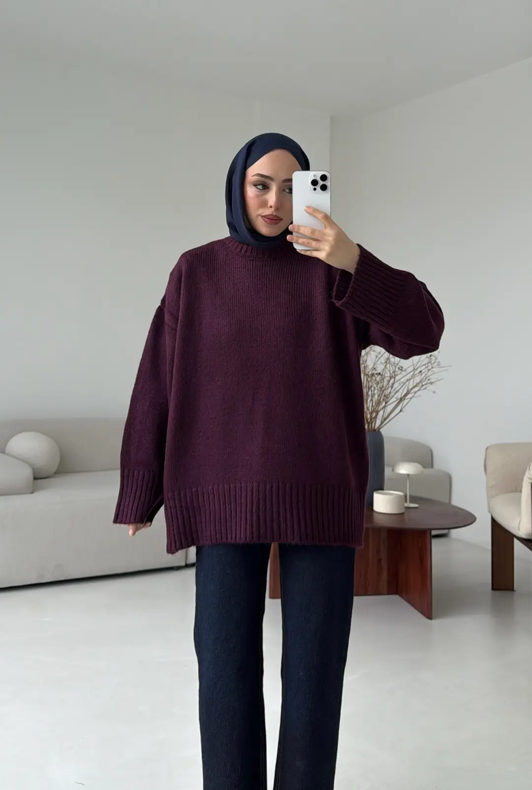 Çift Kat Triko Kazak Mürdüm - Görsel 4