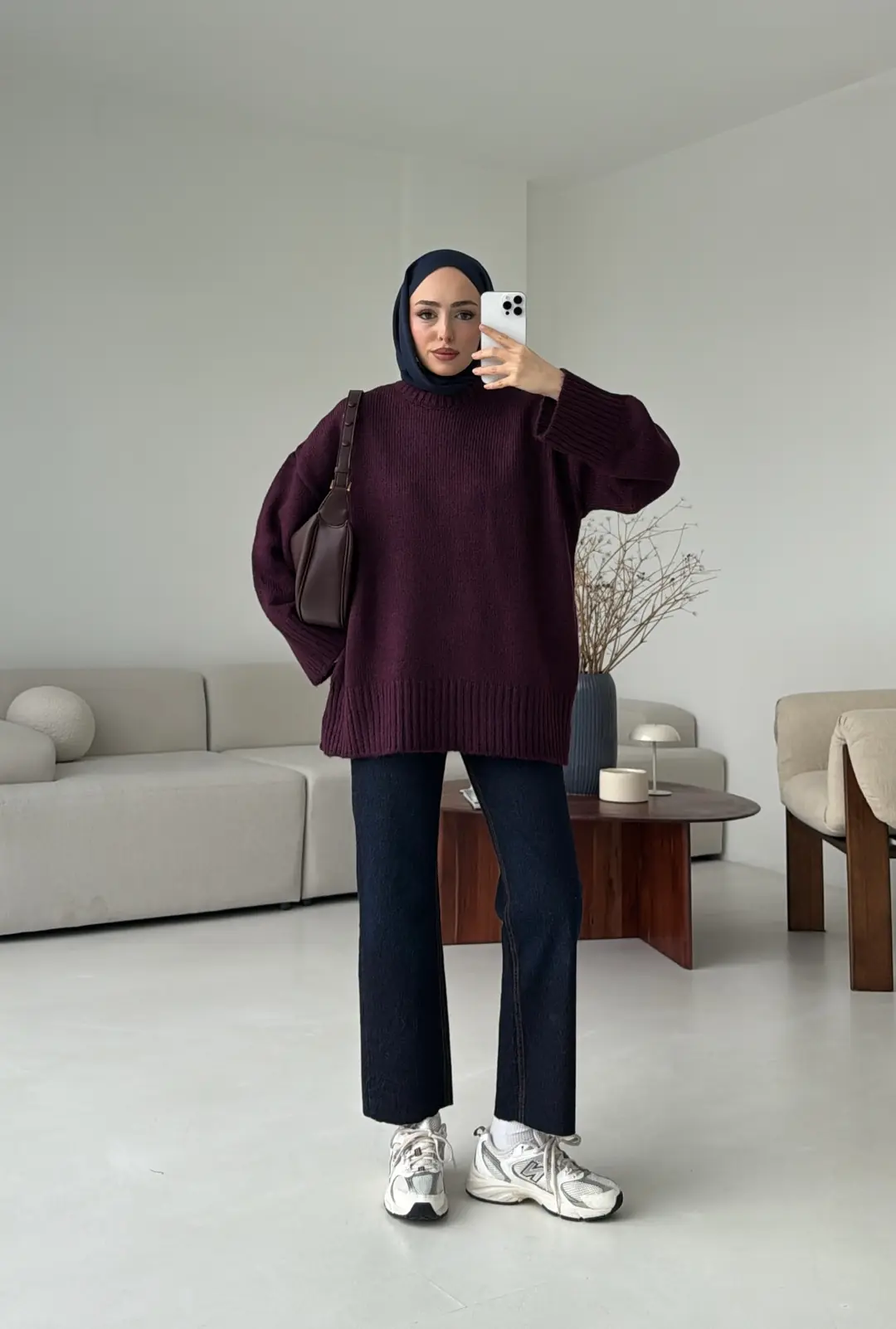 Çift Kat Triko Kazak Mürdüm - Görsel 7