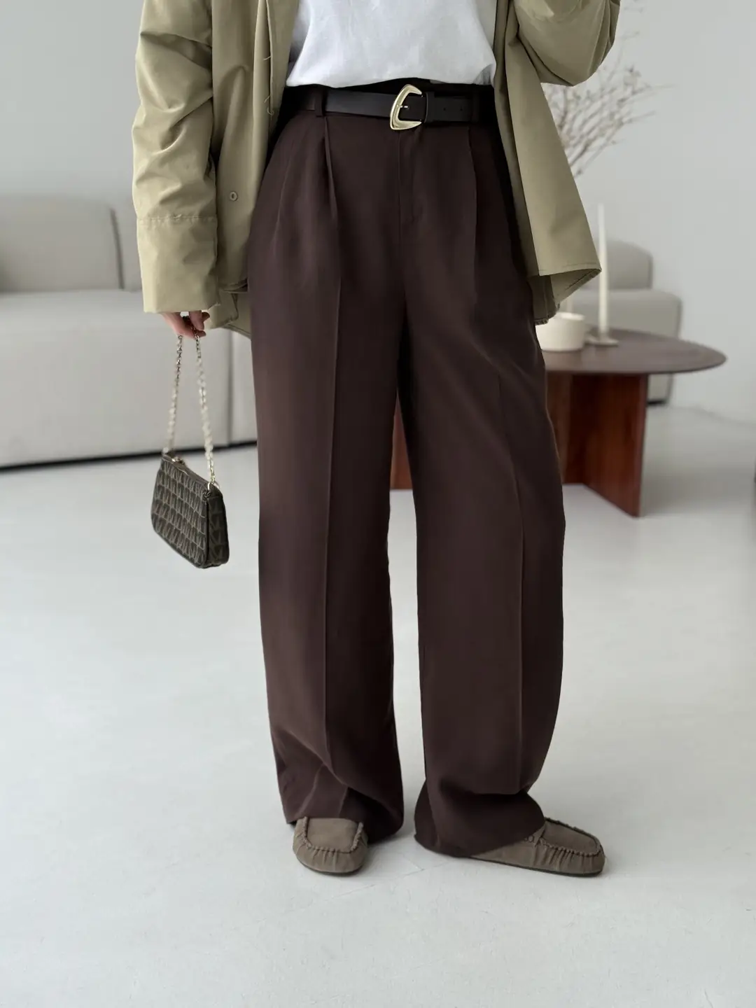 Çift Pileli Kemerli Pantolon Kahve