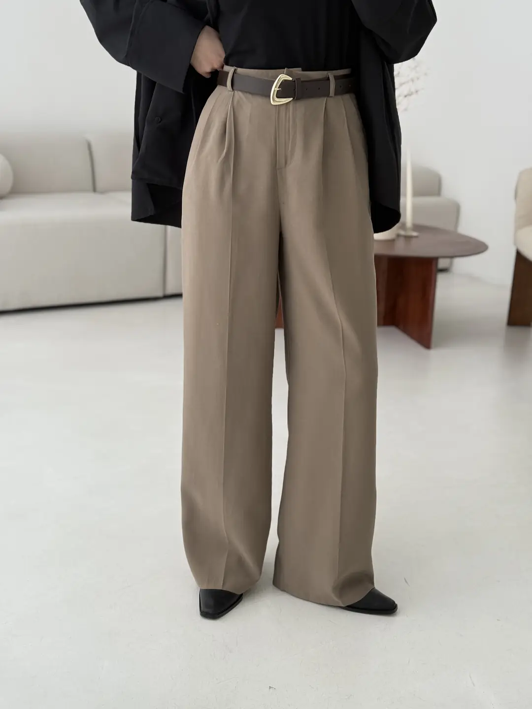 Çift Pileli Kemerli Pantolon Vizon