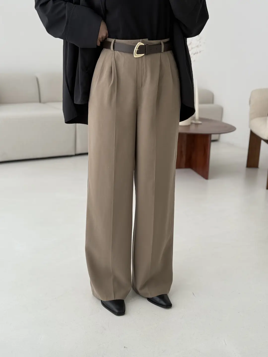 Çift Pileli Kemerli Pantolon Vizon - Görsel 3