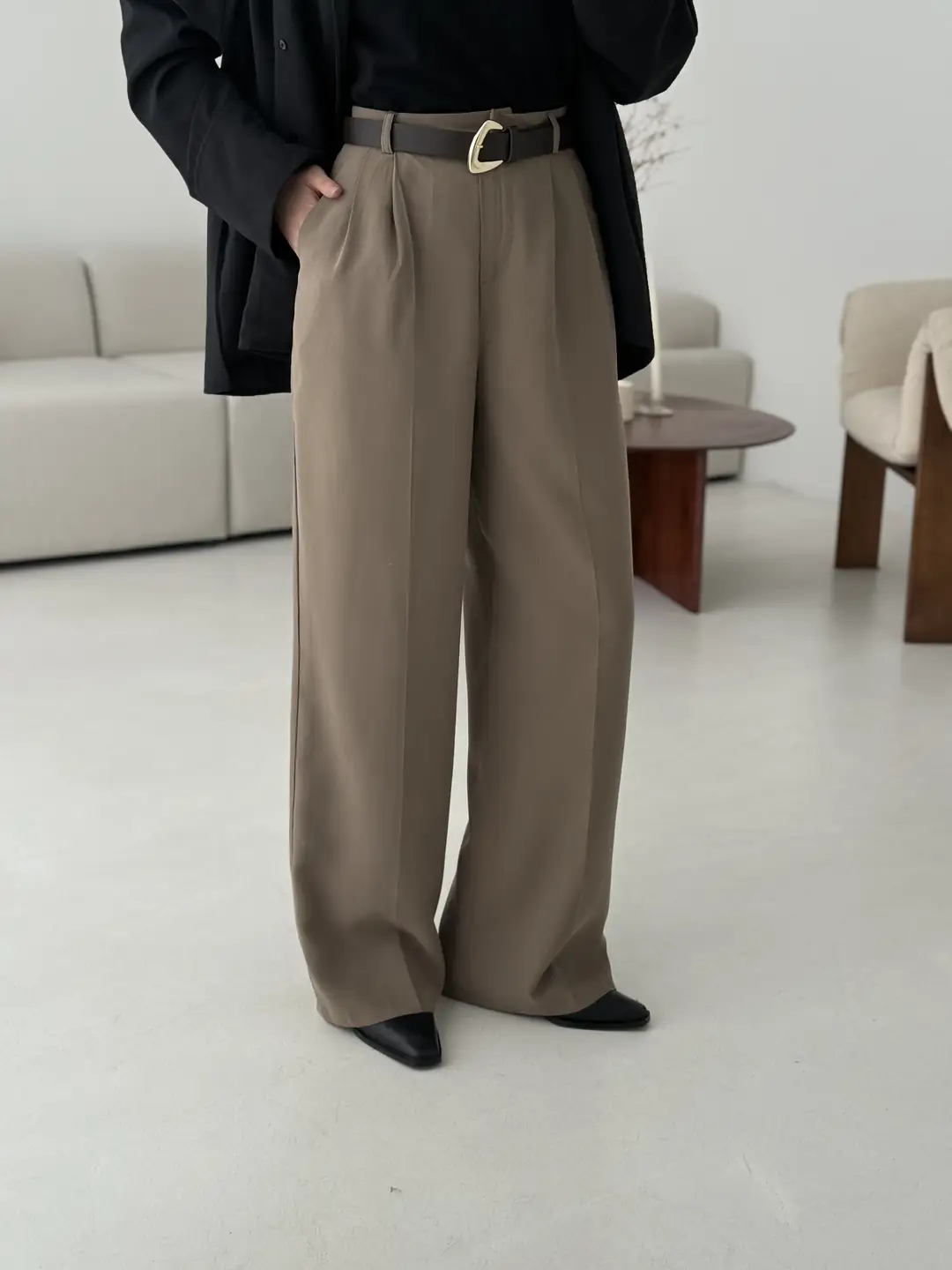 Çift Pileli Kemerli Pantolon Vizon - Görsel 4