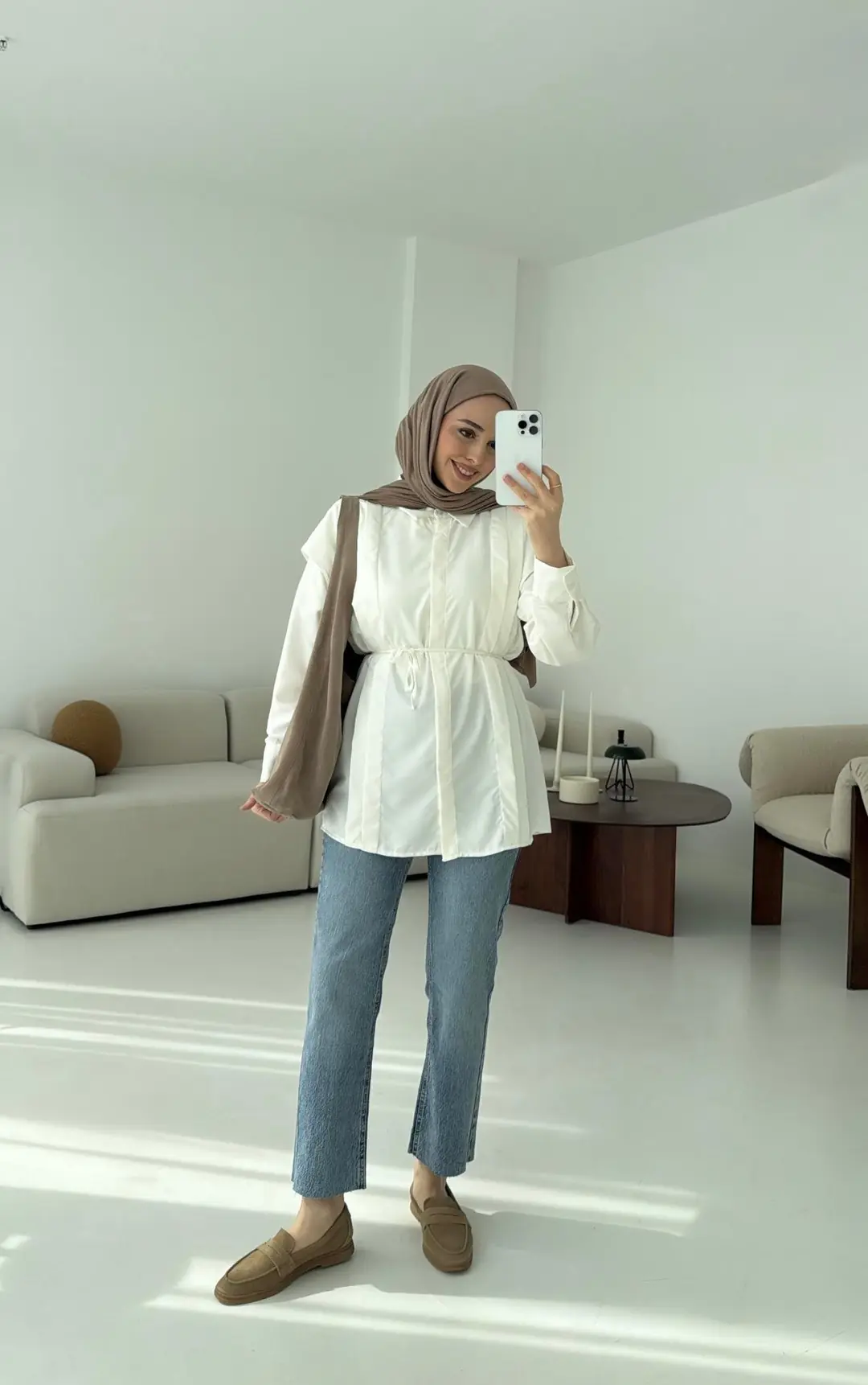 Çift Pileli Saten Bağlamalı Gömlek Beyaz