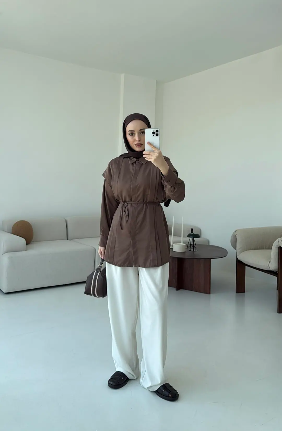 Çift Pileli Saten Bağlamalı Gömlek Kahve - Görsel 2