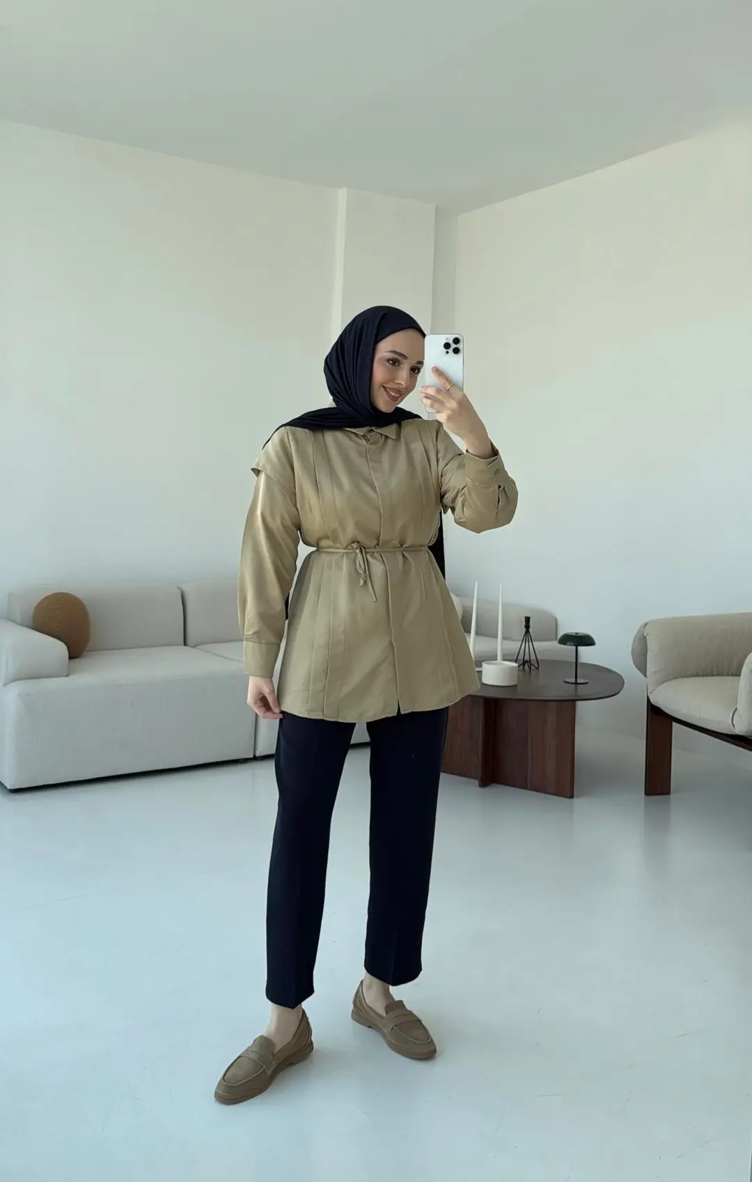 Çift Pileli Saten Bağlamalı Gömlek Olive