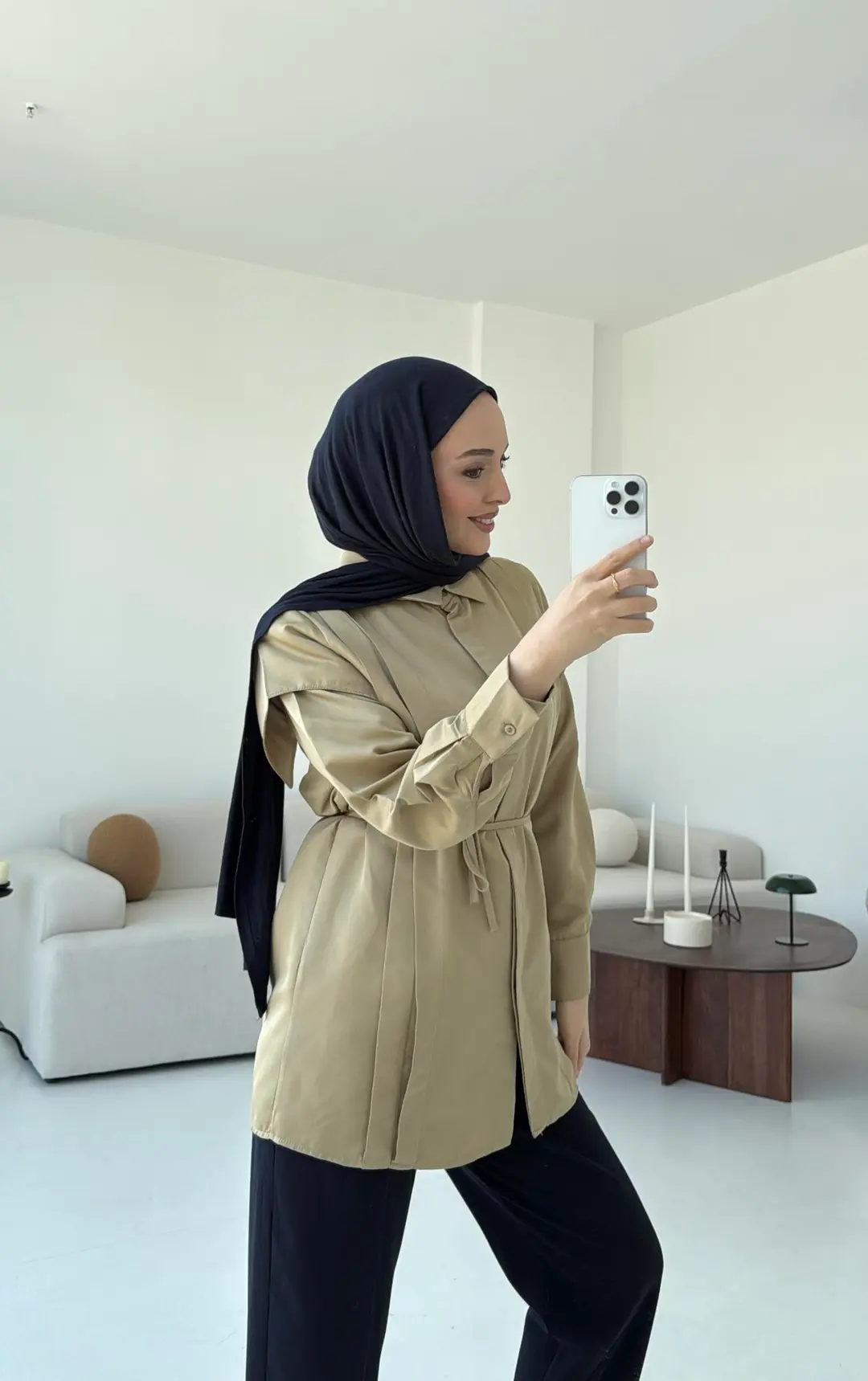 Çift Pileli Saten Bağlamalı Gömlek Olive - Görsel 3