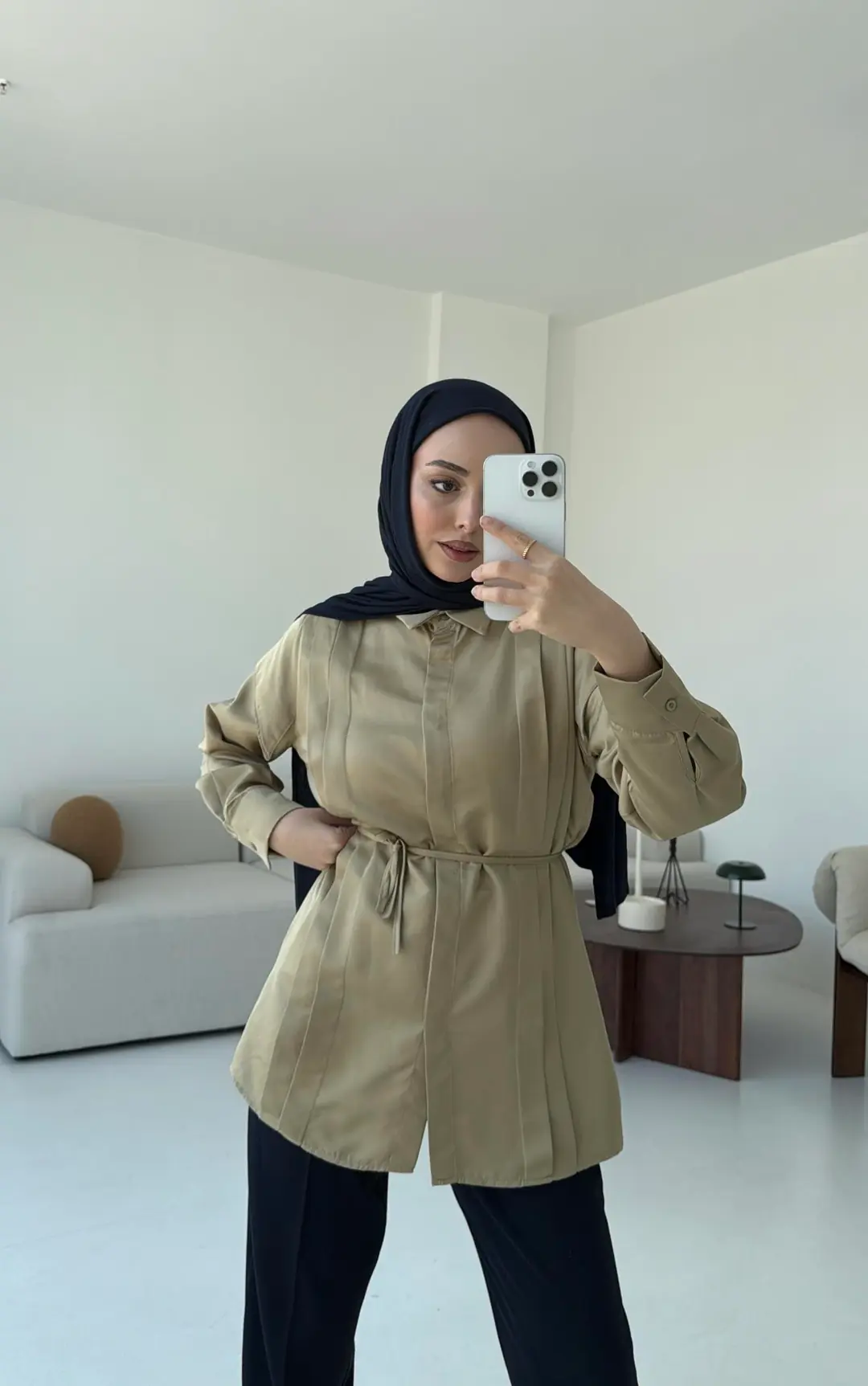 Çift Pileli Saten Bağlamalı Gömlek Olive - Görsel 4