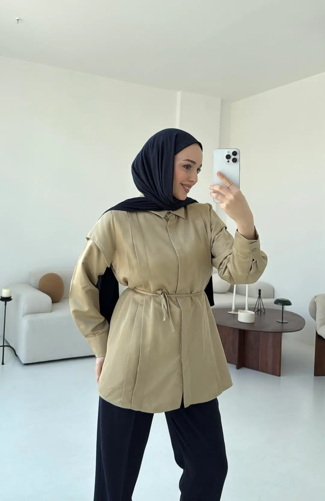 Çift Pileli Saten Bağlamalı Gömlek Olive - Görsel 5