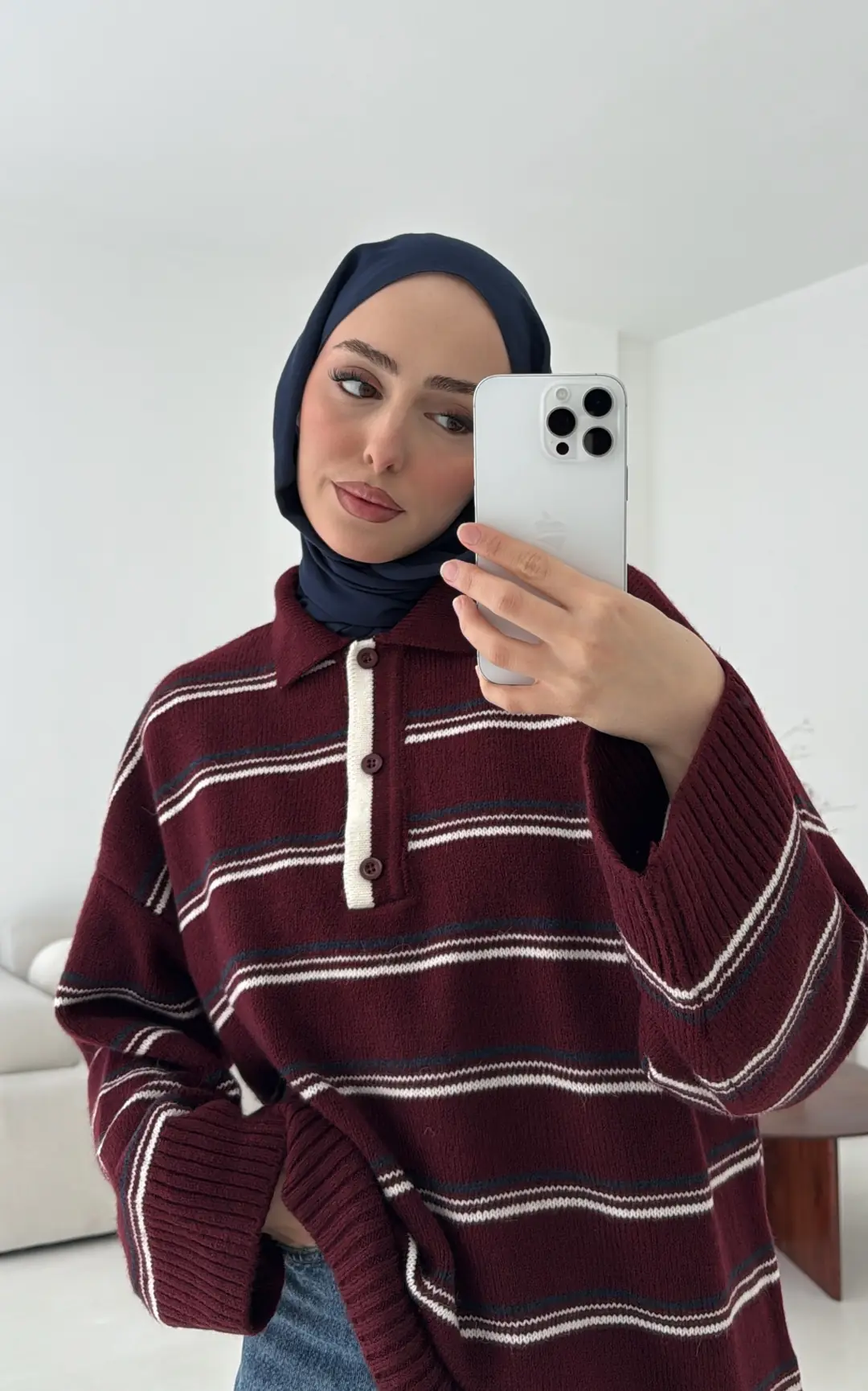 Çift Renk Polo Yaka  Kazak Bordo - Görsel 2