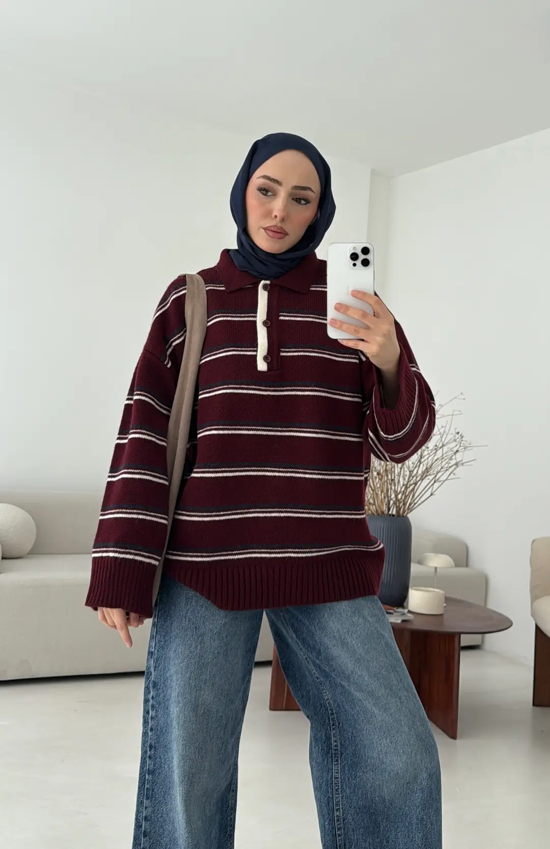 Çift Renk Polo Yaka  Kazak Bordo - Görsel 3