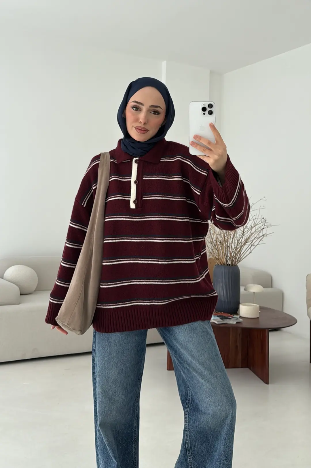 Çift Renk Polo Yaka  Kazak Bordo - Görsel 5