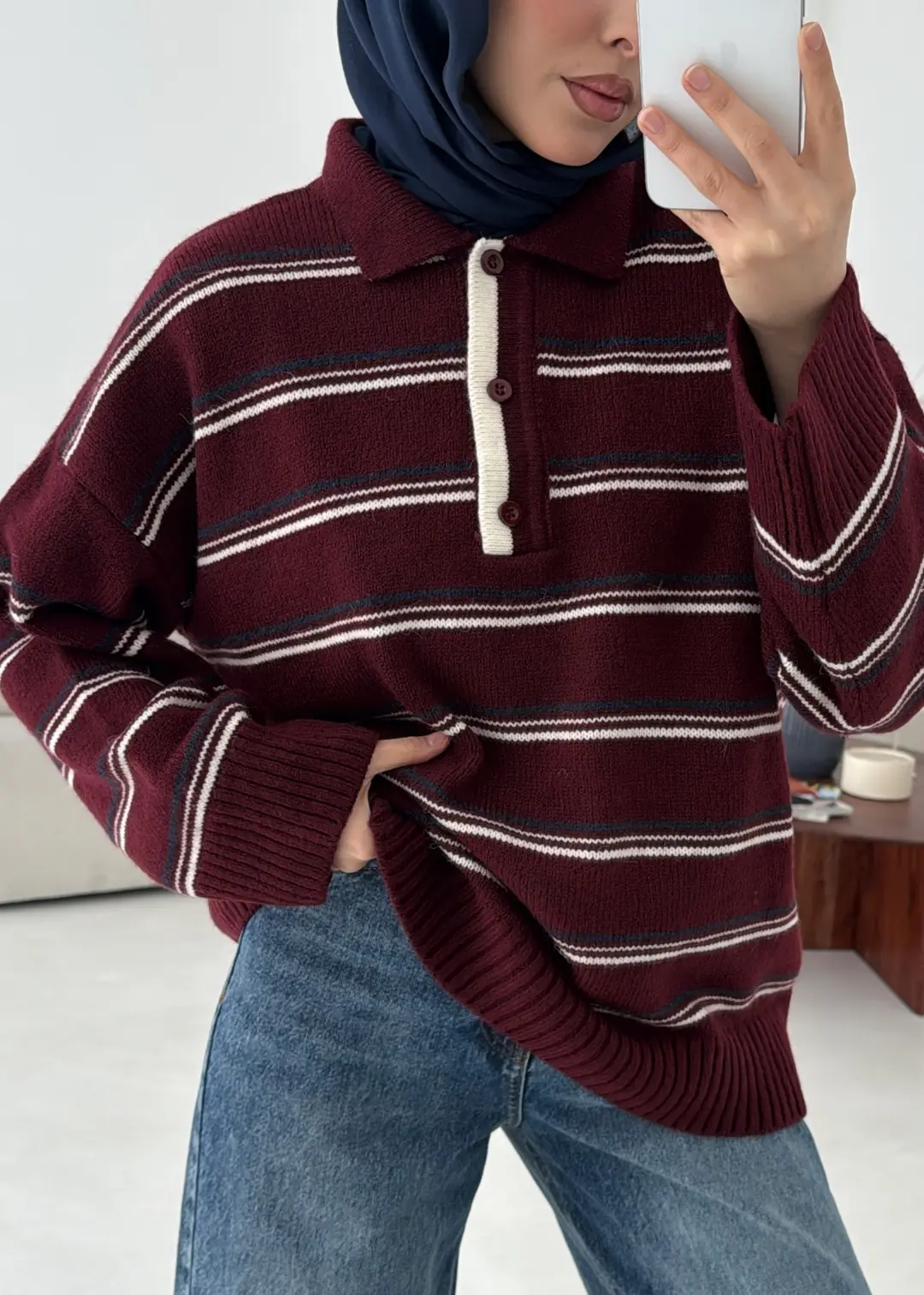 Çift Renk Polo Yaka  Kazak Bordo - Görsel 7