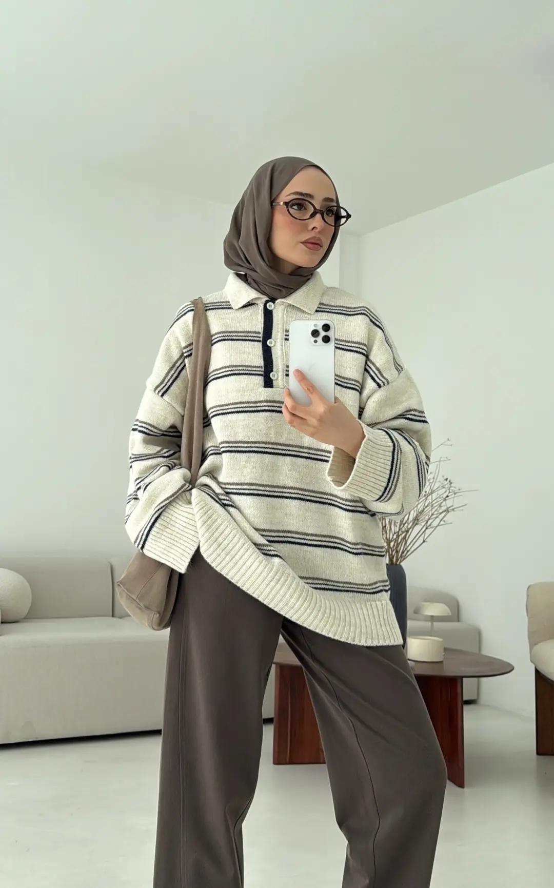 Çift Renk Polo Yaka  Kazak Ekru