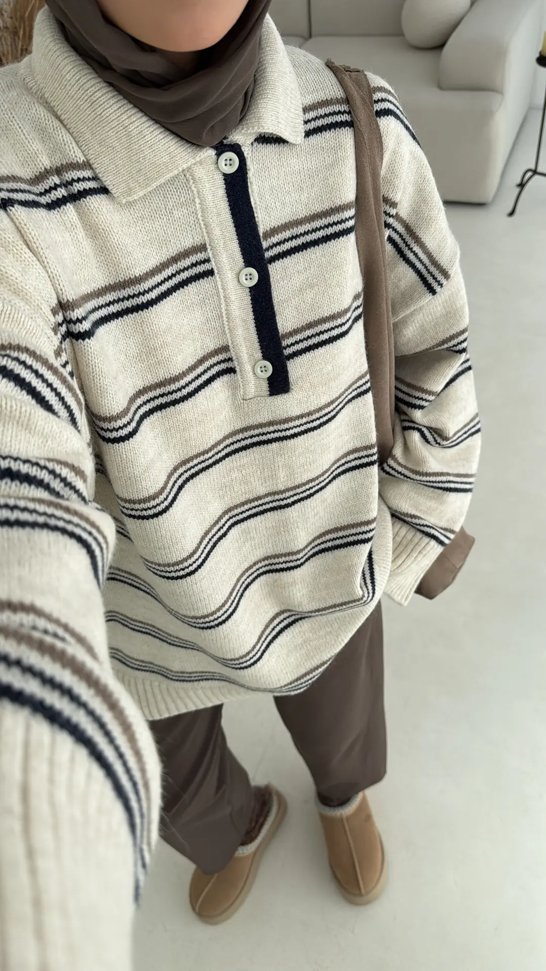 Çift Renk Polo Yaka  Kazak Ekru - Görsel 2