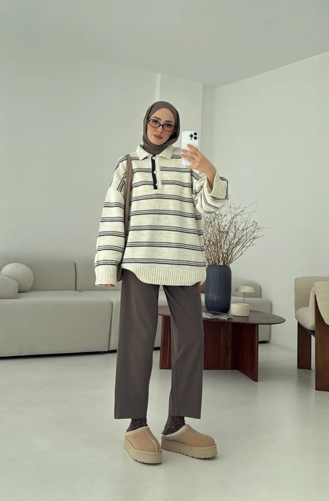 Çift Renk Polo Yaka  Kazak Ekru - Görsel 5