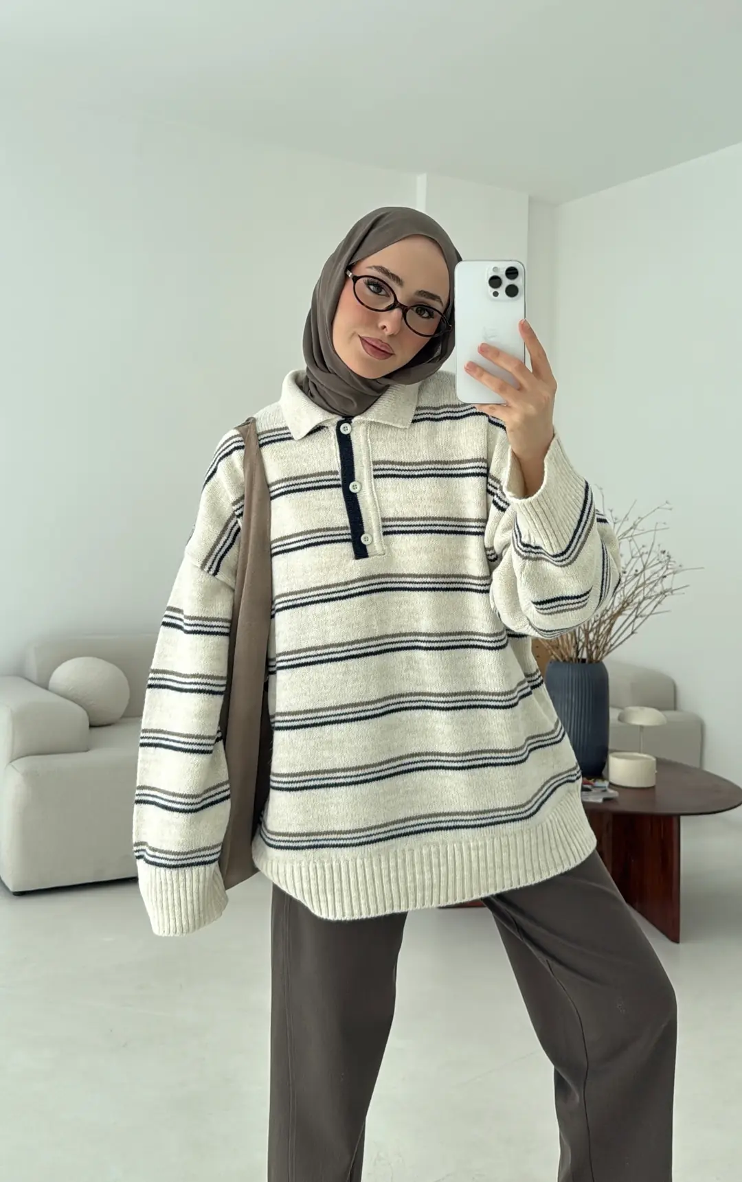 Çift Renk Polo Yaka  Kazak Ekru - Görsel 9