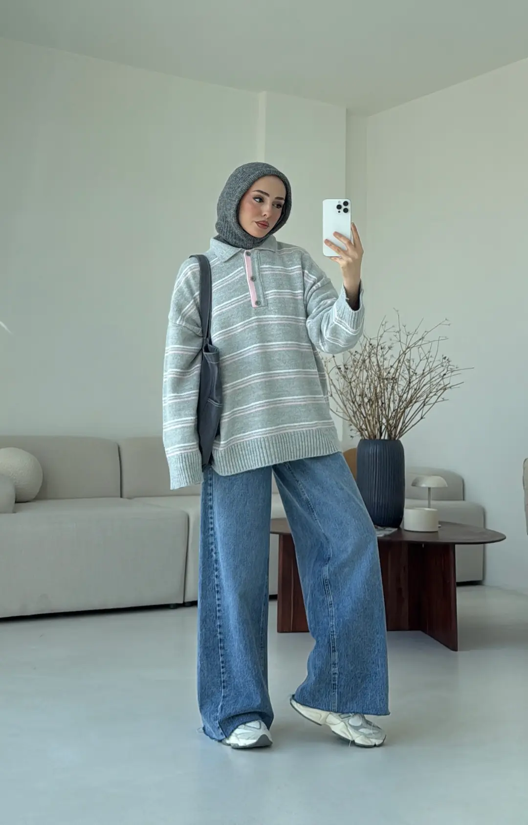 Çift Renk Polo Yaka  Kazak Gri - Görsel 3