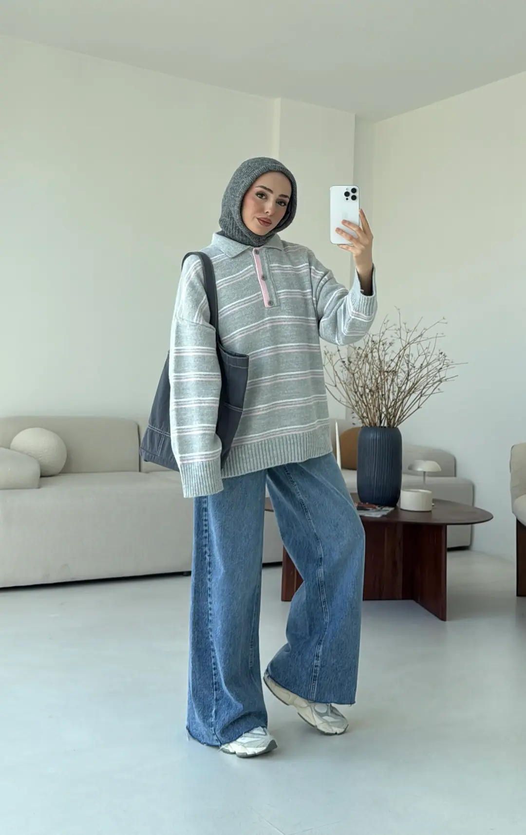 Çift Renk Polo Yaka  Kazak Gri - Görsel 4