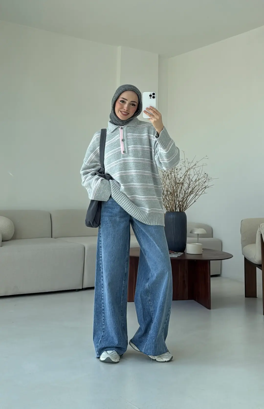 Çift Renk Polo Yaka  Kazak Gri - Görsel 6