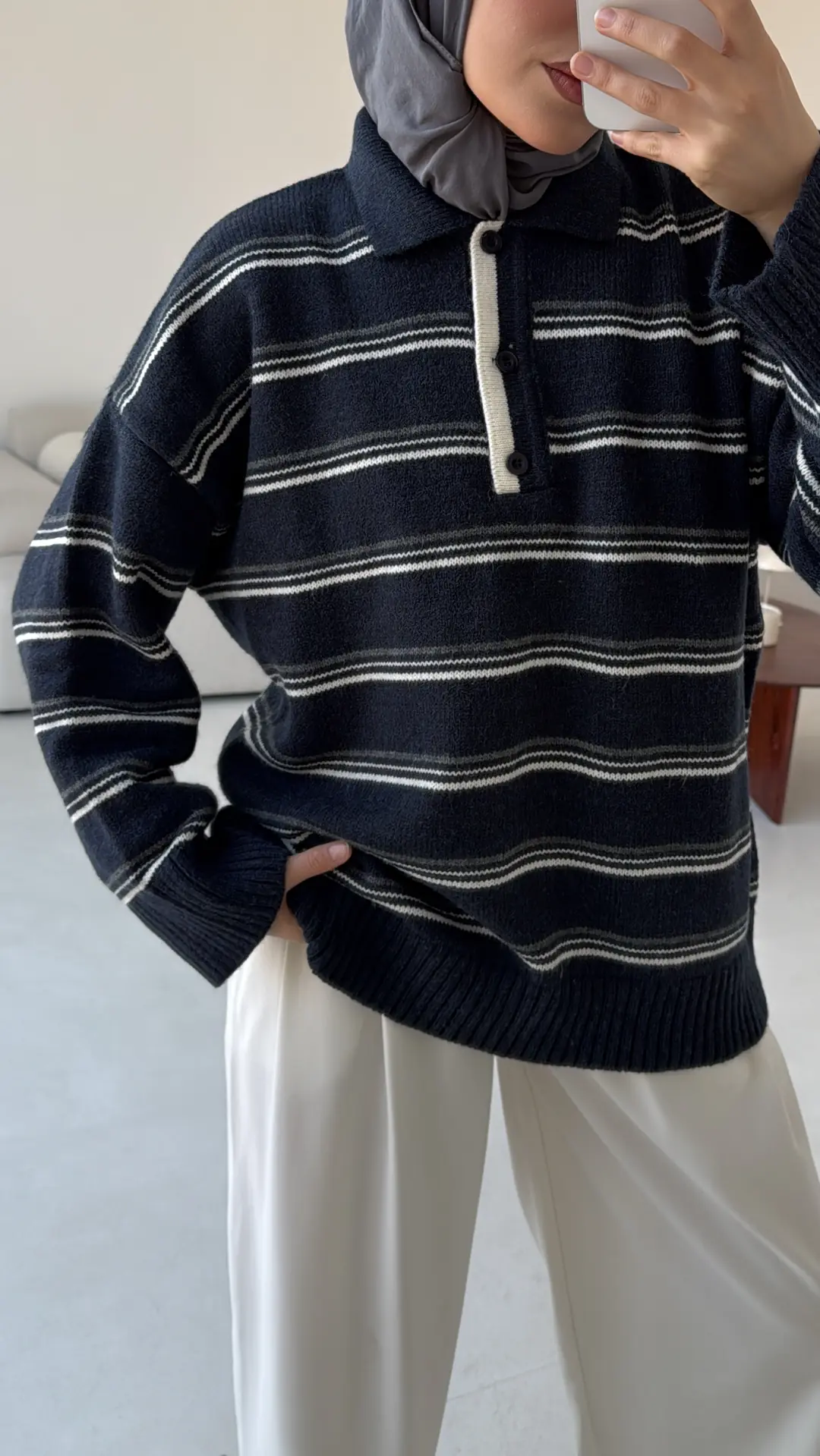 Çift Renk Polo Yaka  Kazak Lacivert - Görsel 7