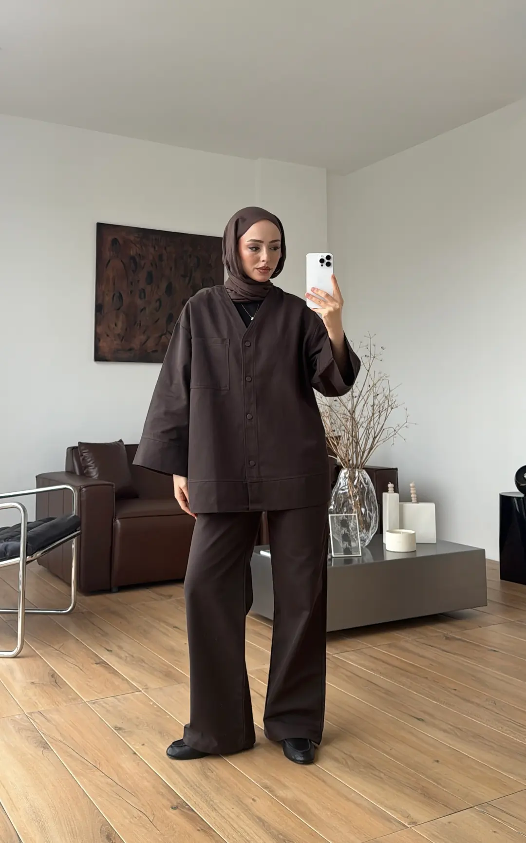 Çıtçıtlı Gabardin Takım Kahve - Görsel 6