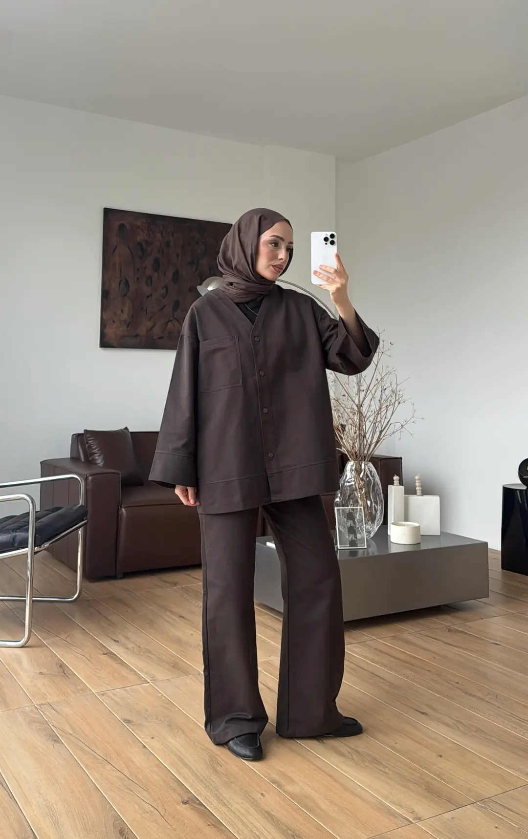 Çıtçıtlı Gabardin Takım Kahve - Görsel 8