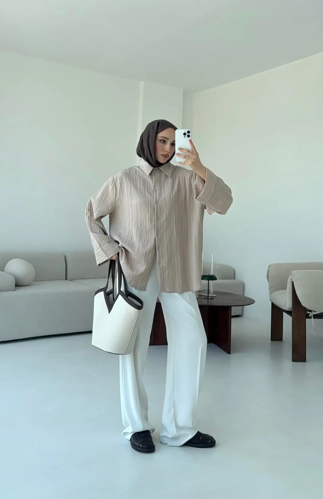 Çizgi Desenli Gömlek Bej - Görsel 2