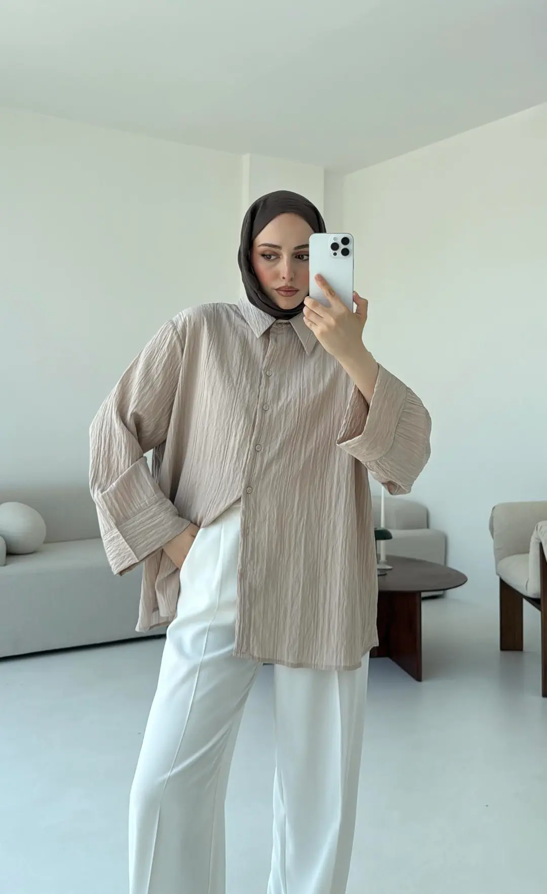 Çizgi Desenli Gömlek Bej - Görsel 3