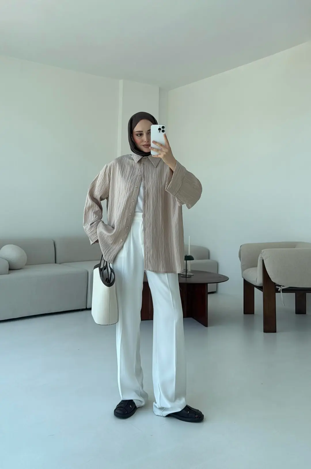 Çizgi Desenli Gömlek Bej - Görsel 4