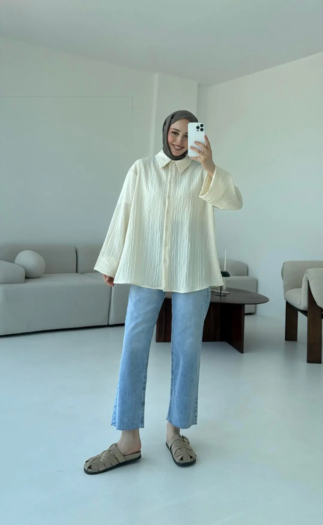 Çizgi Desenli Gömlek Krem - Görsel 3