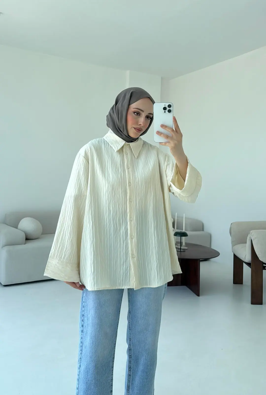 Çizgi Desenli Gömlek Krem - Görsel 4