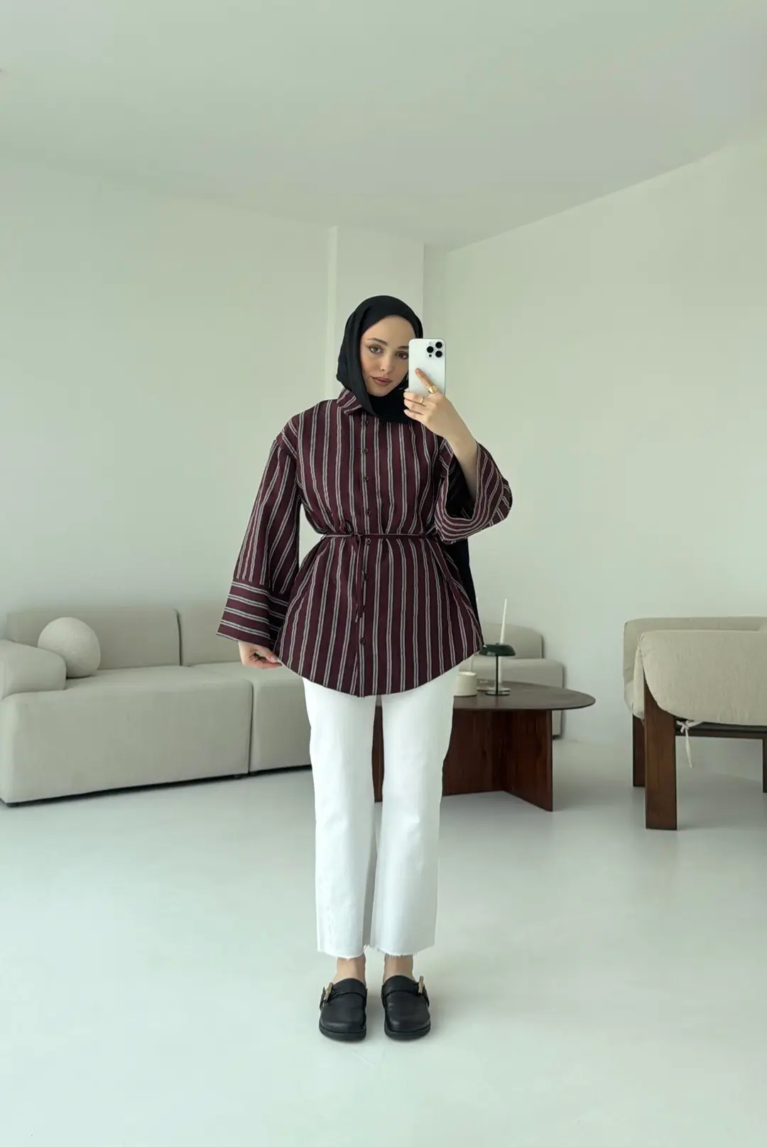 Çizgili Bağlamalı Gömlek Bordo - Görsel 2