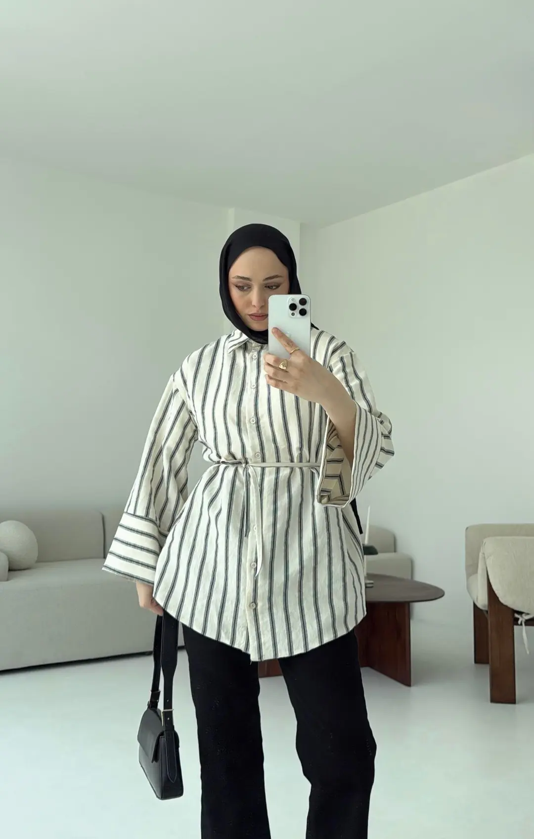 Çizgili Bağlamalı Gömlek Ekru