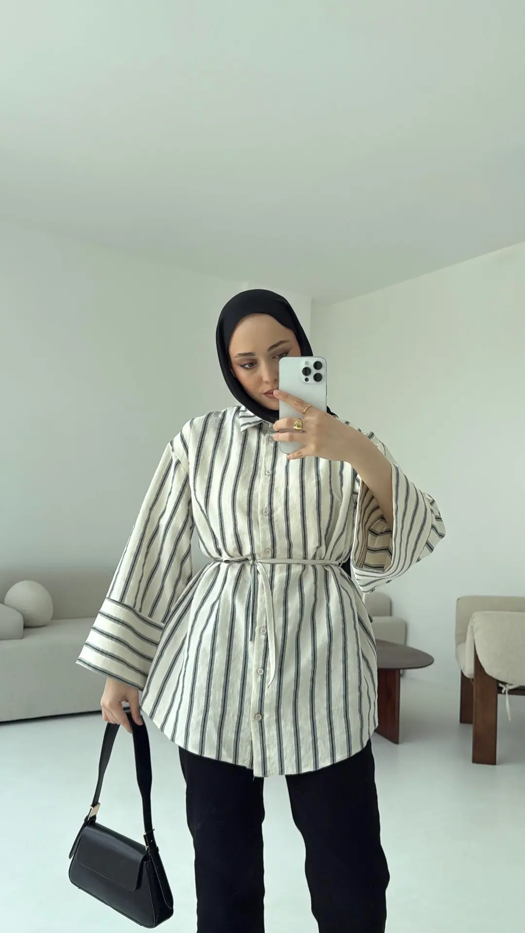 Çizgili Bağlamalı Gömlek Ekru - Görsel 4