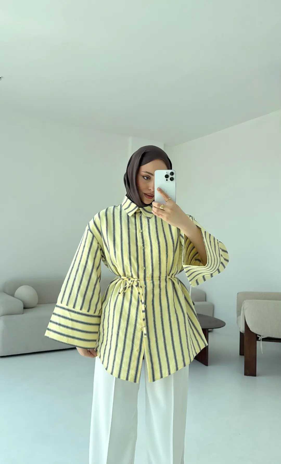 Çizgili Bağlamalı Gömlek Sarı - Görsel 4