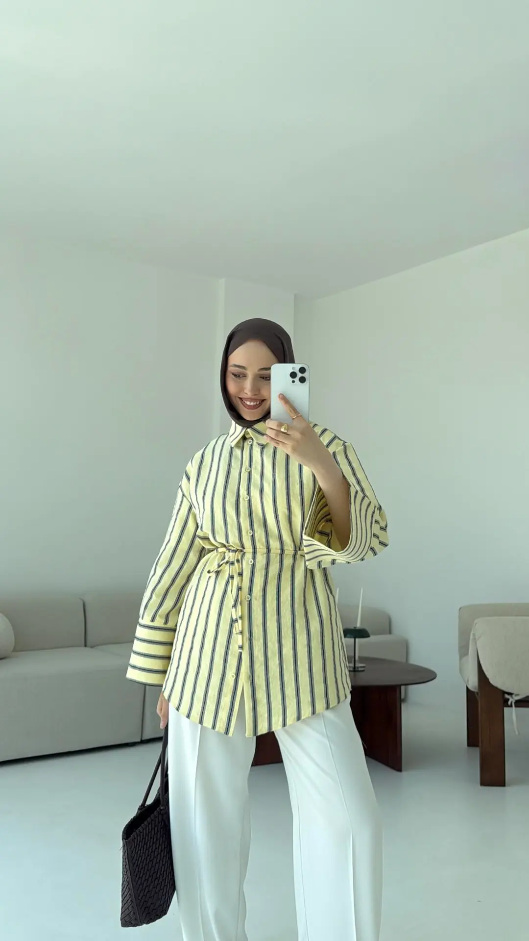 Çizgili Bağlamalı Gömlek Sarı - Görsel 2