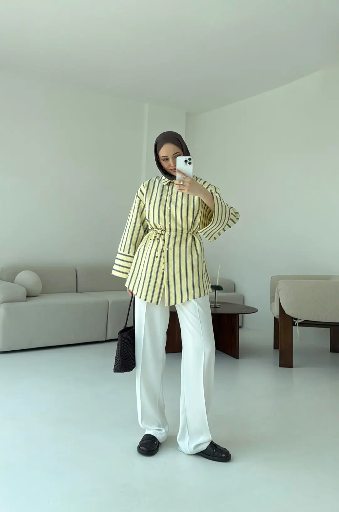 Çizgili Bağlamalı Gömlek Sarı - Görsel 3