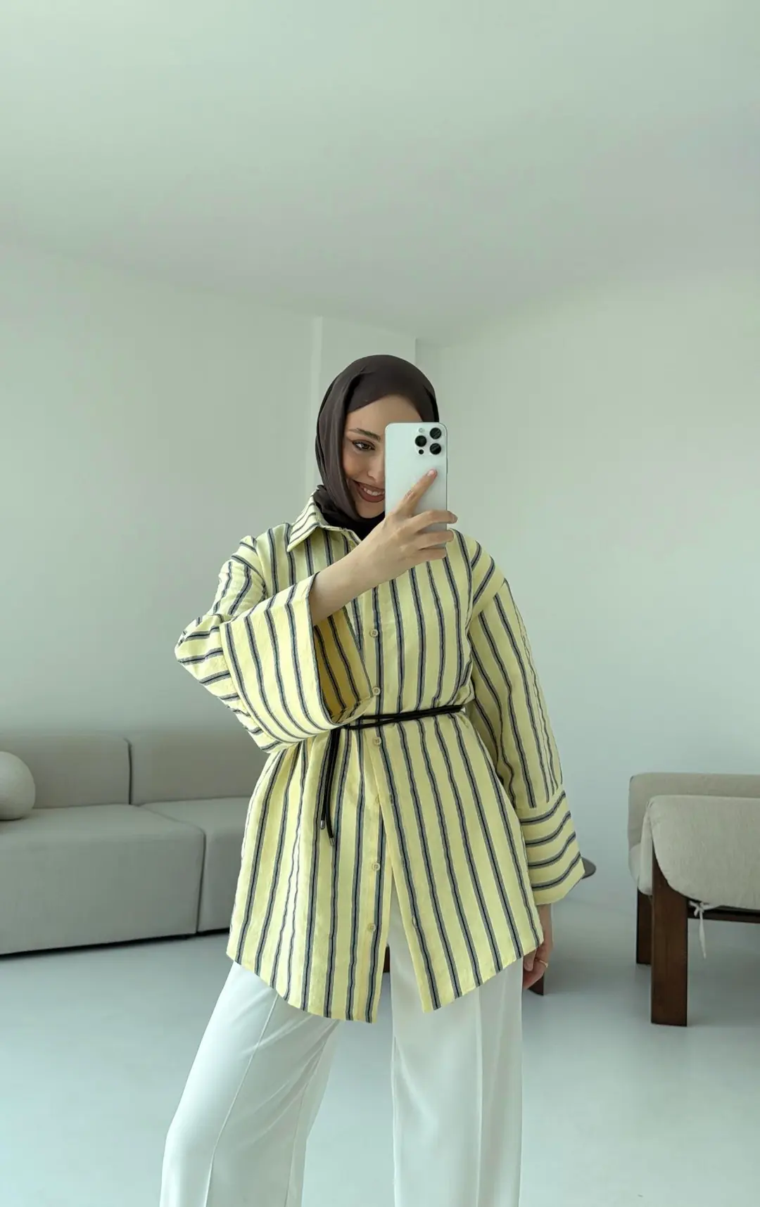 Çizgili Bağlamalı Gömlek Sarı - Görsel 5