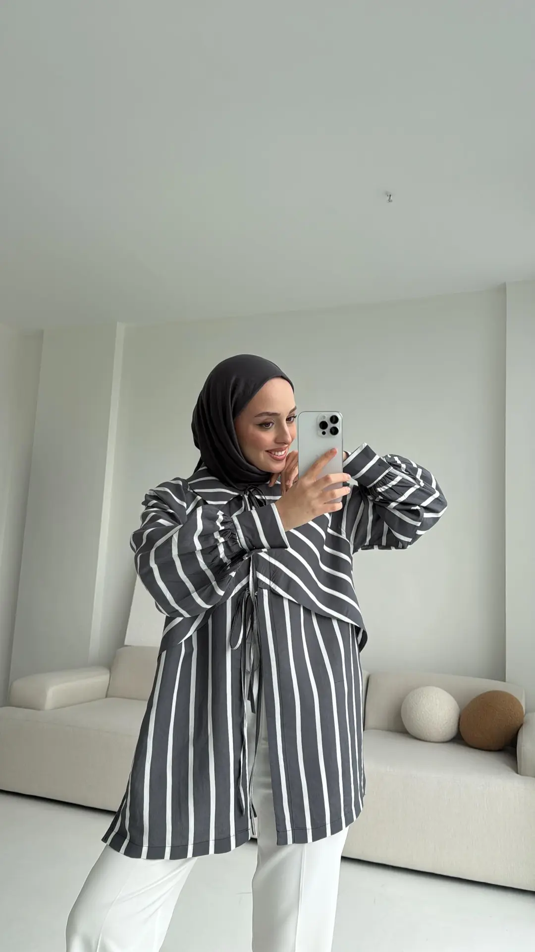 Çizgili Bağlamalı Kimono Antrasit - Görsel 3