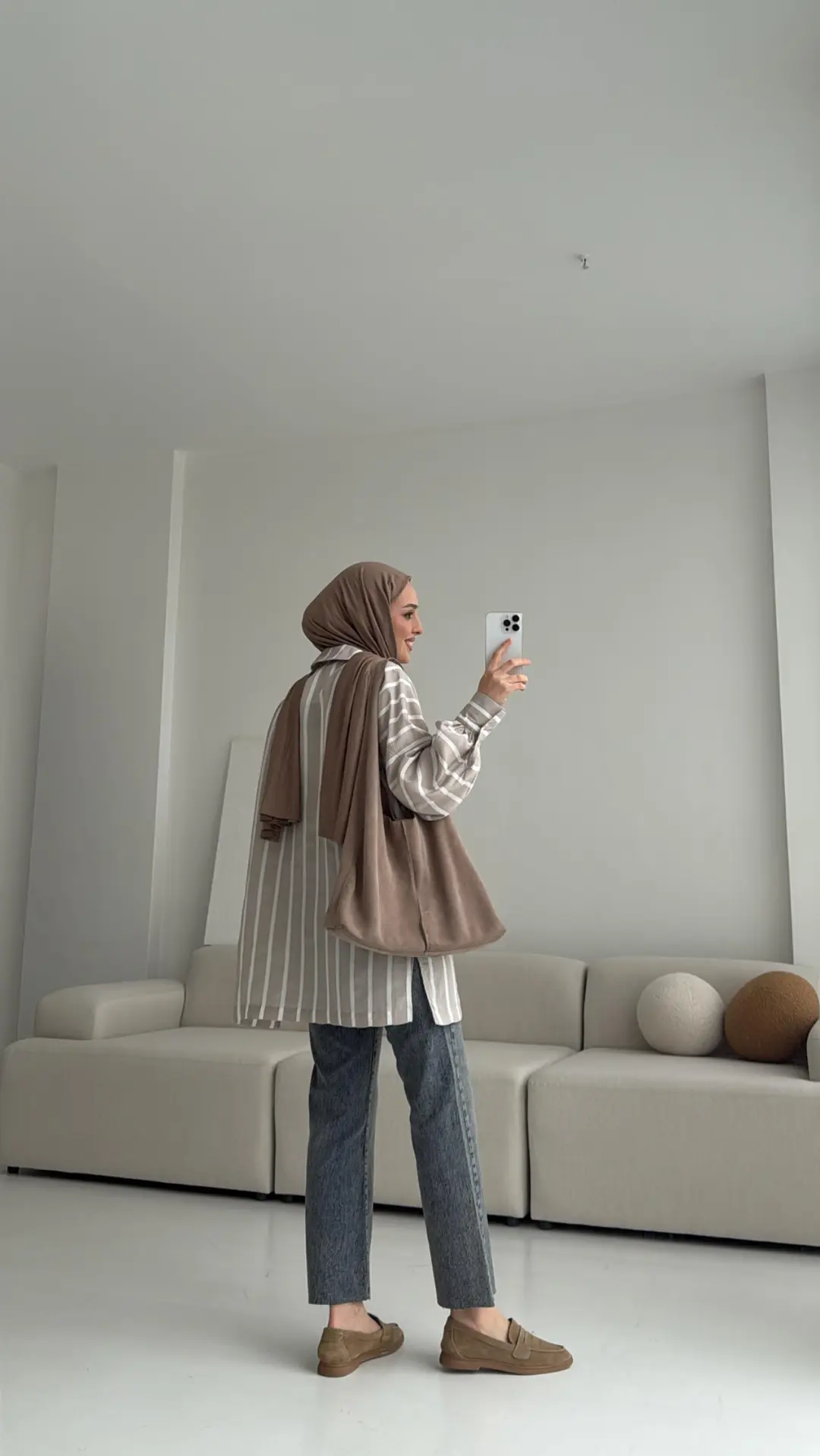 Çizgili Bağlamalı Kimono Bej - Görsel 2