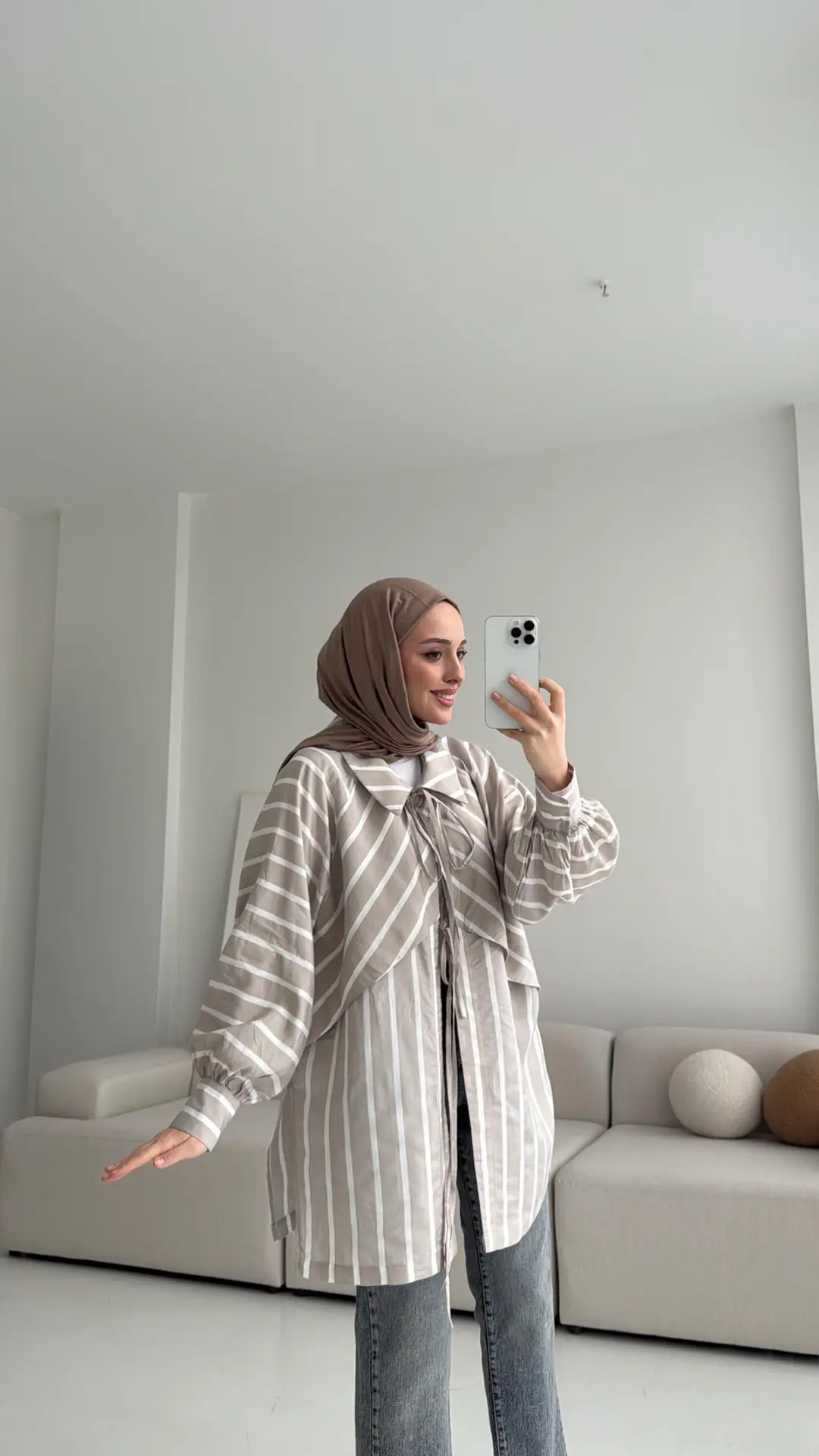 Çizgili Bağlamalı Kimono Bej - Görsel 3