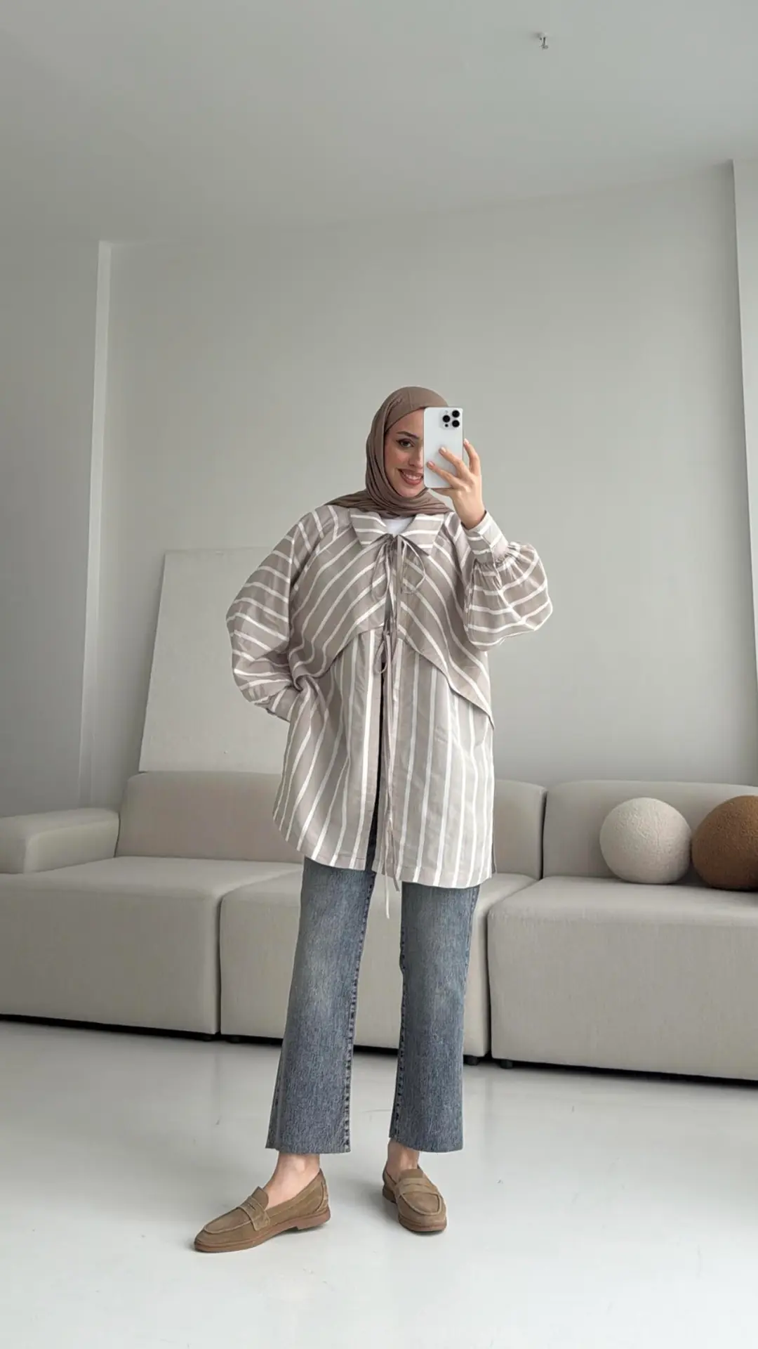 Çizgili Bağlamalı Kimono Bej - Görsel 4