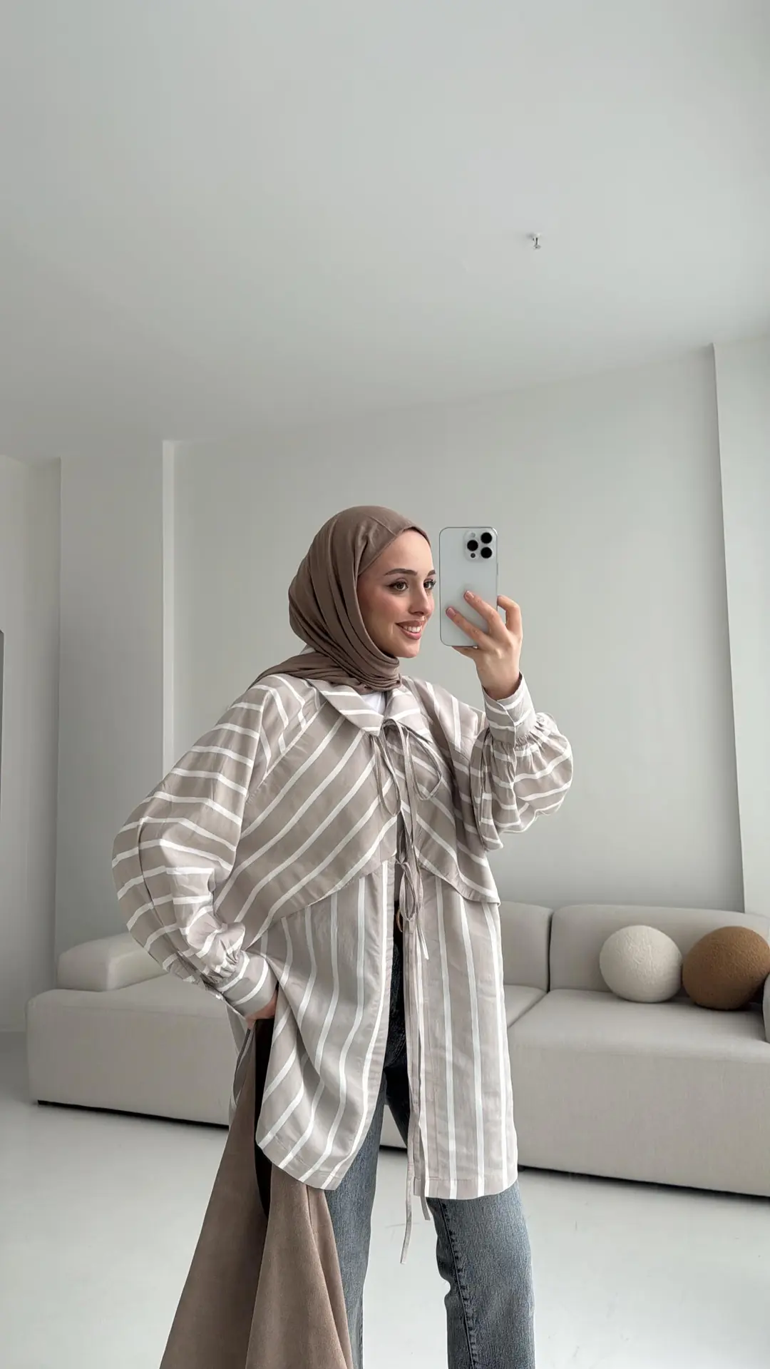 Çizgili Bağlamalı Kimono Bej - Görsel 6