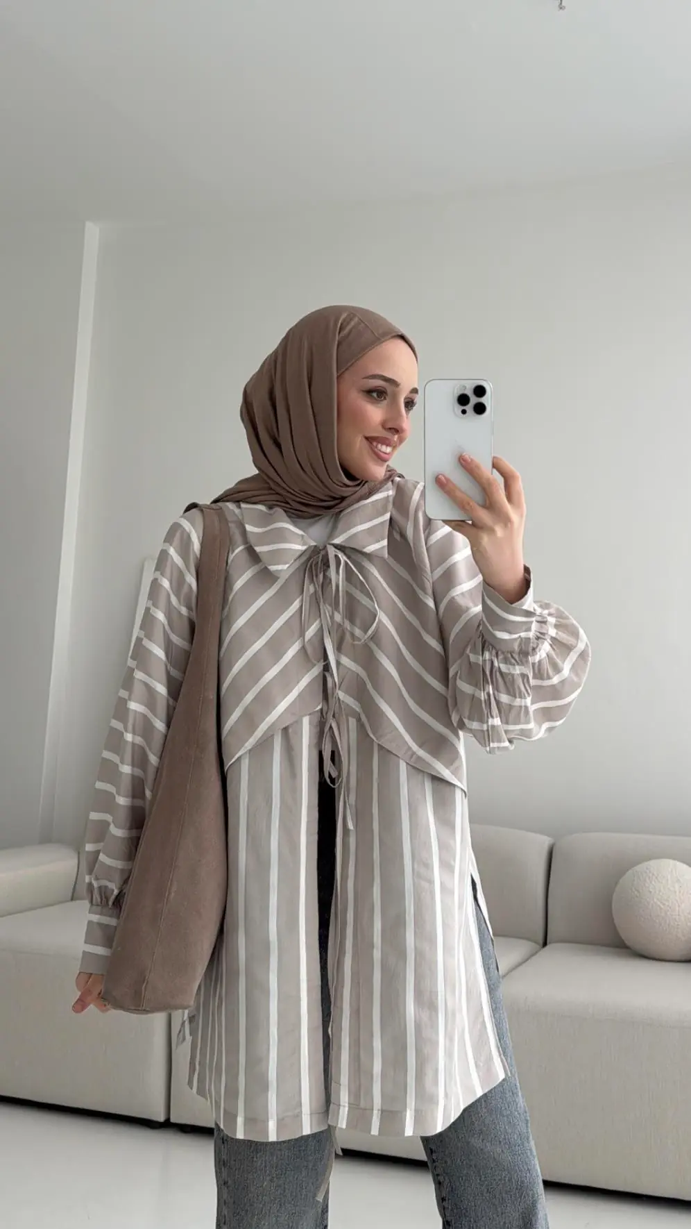 Çizgili Bağlamalı Kimono Bej - Görsel 7