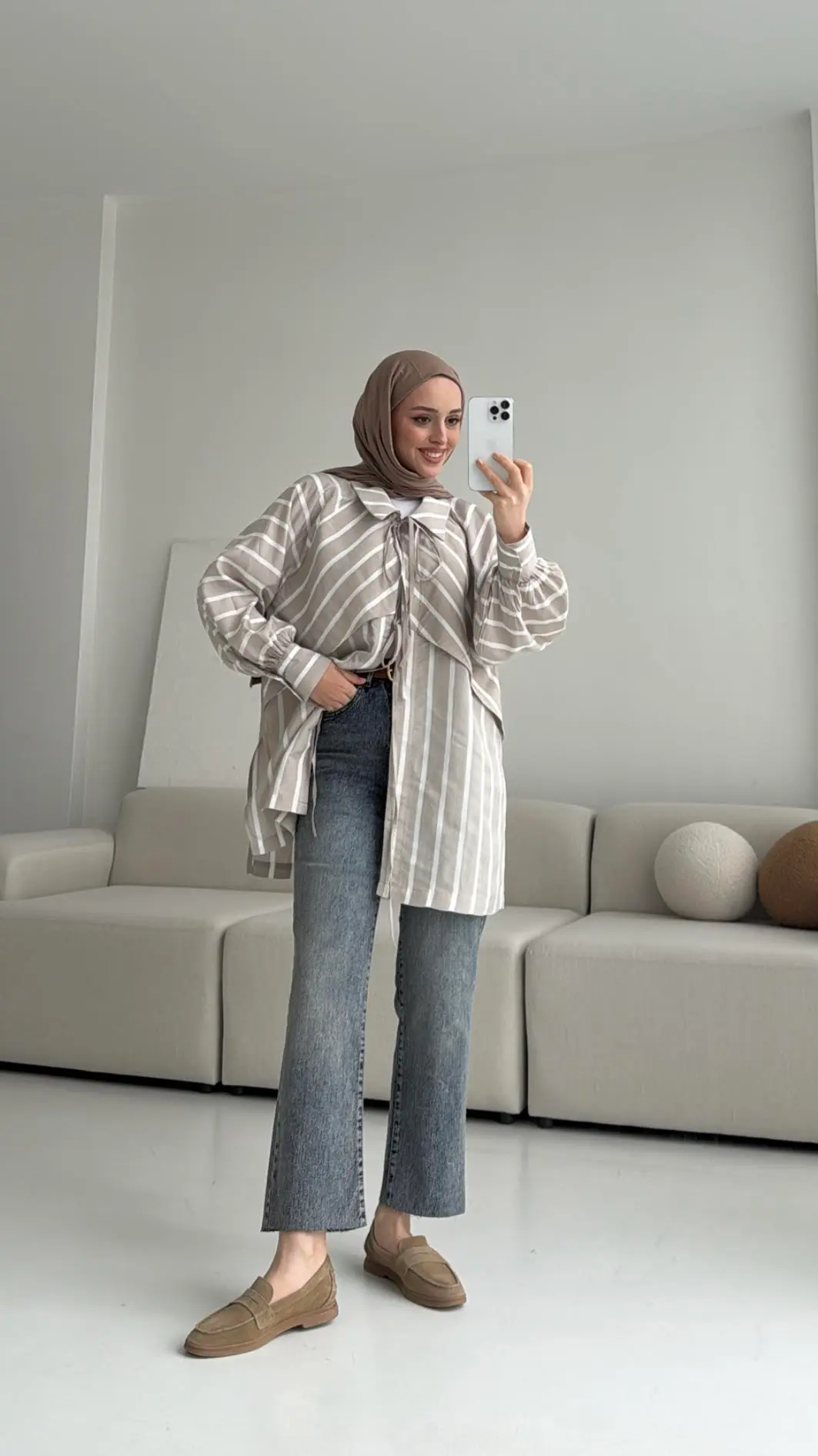 Çizgili Bağlamalı Kimono Bej - Görsel 8