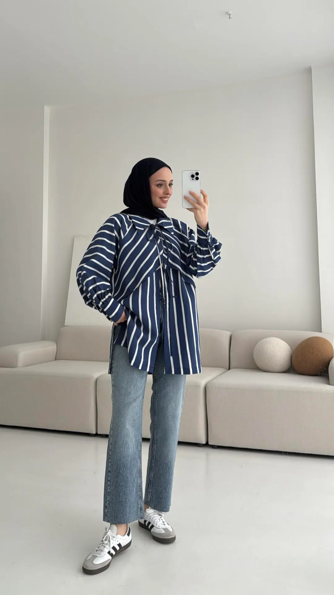 Çizgili Bağlamalı Kimono Lacivert - Görsel 2