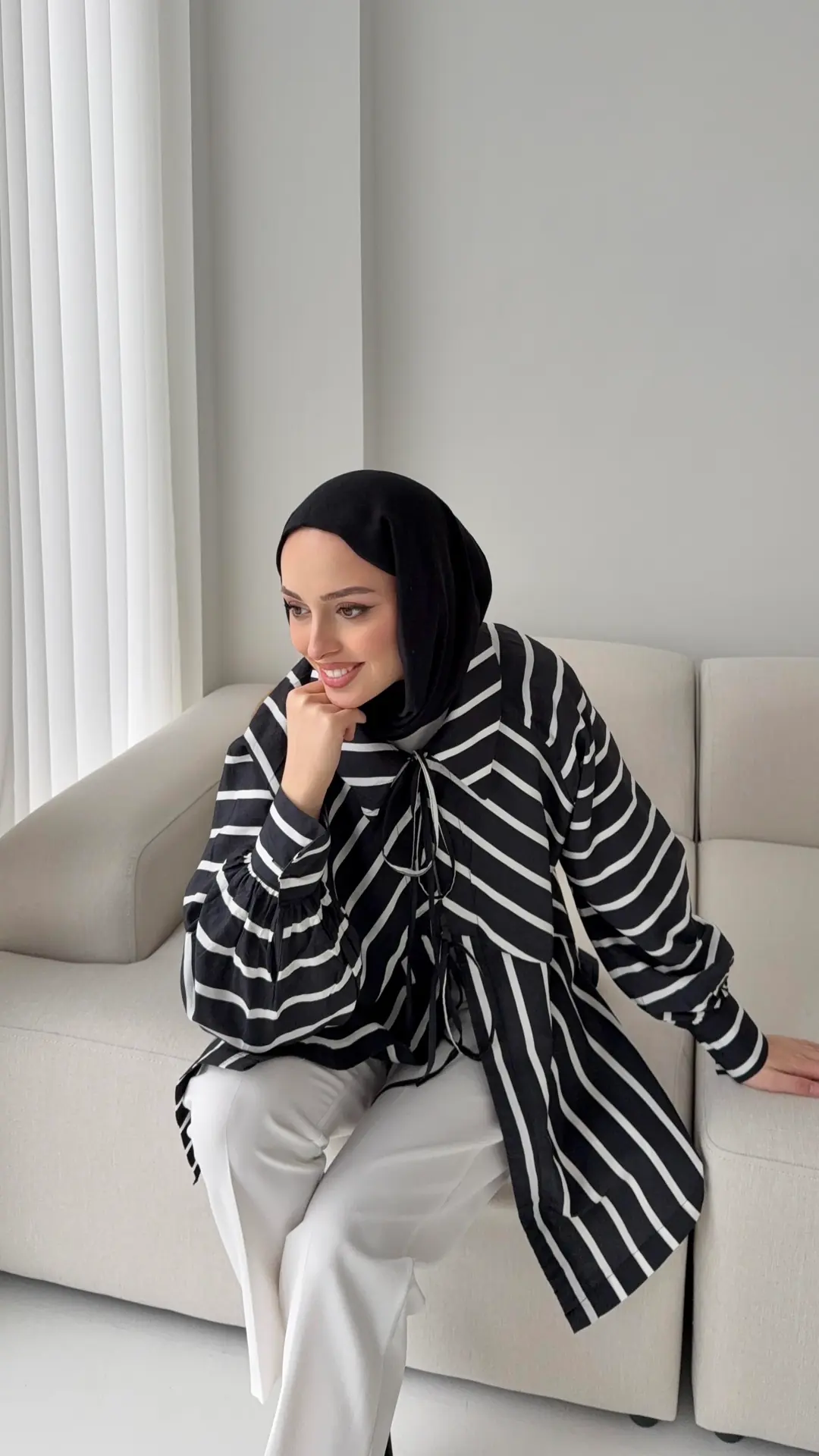 Çizgili Bağlamalı Kimono Siyah - Görsel 5