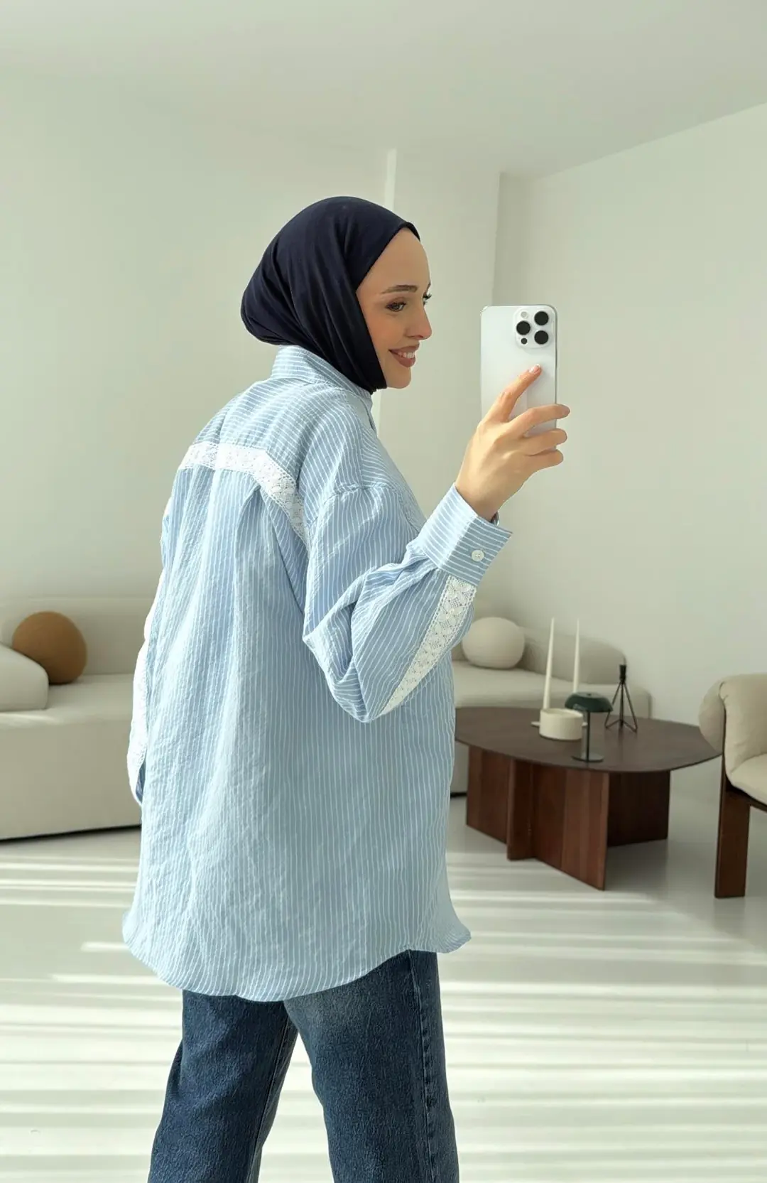 Çizgili Dantel Detay Gömlek - Görsel 3