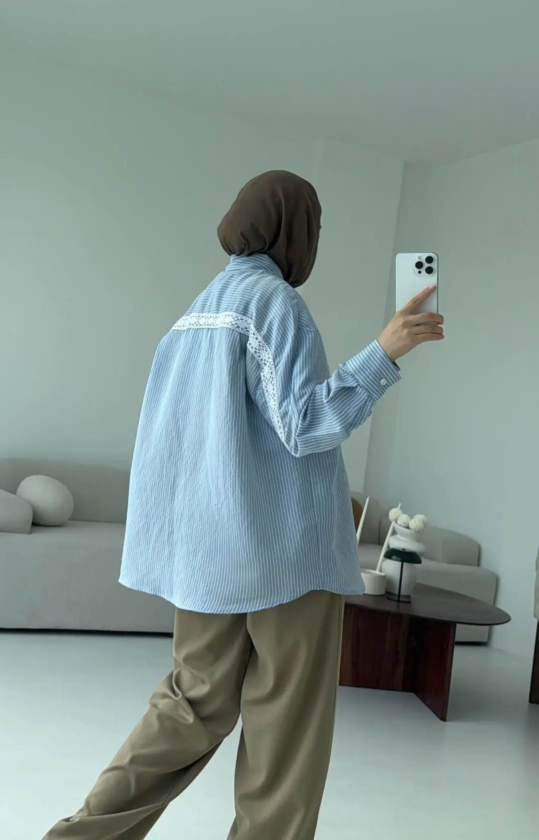 Çizgili Dantel Detay Gömlek Mavi - Görsel 3